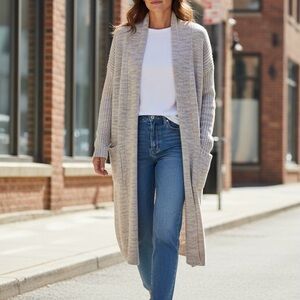 Anthropologie Long Duster Cardigan Sweater Beige Tan Knit Women’s Size XS Open